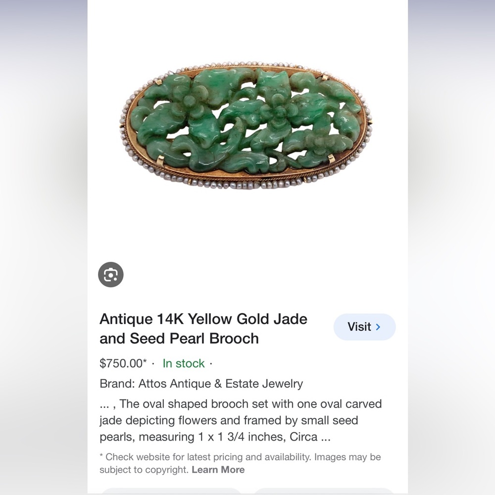 Antique Art Deco Gold Apple Jade Floral Cherry Blossom Pearl Lined Cameo Brooch - Picture 14 of 16